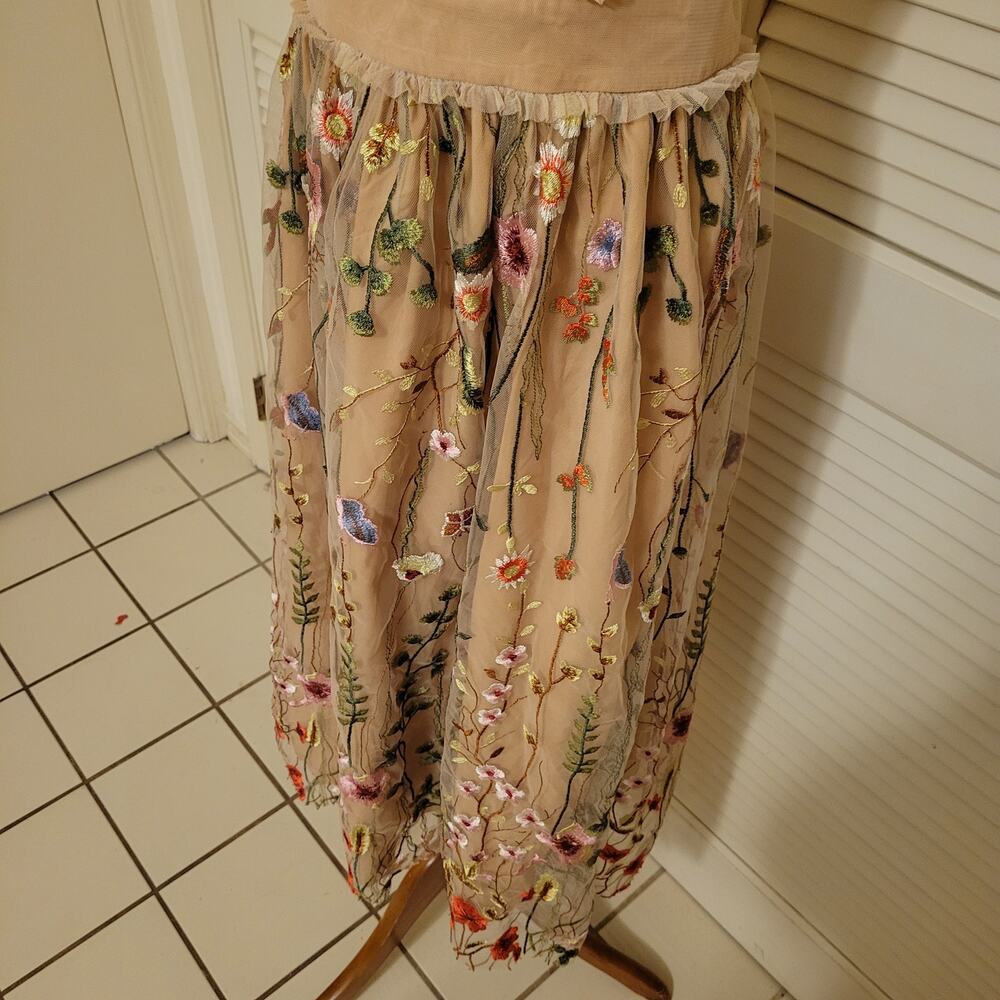 Floral Embroidered Mesh Midi Dress Handmade Beige Sheer Tassel Sleeve XS-S - Picture 3 of 8
